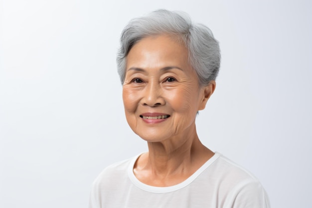 une femme avec une chemise blanche et un sourire