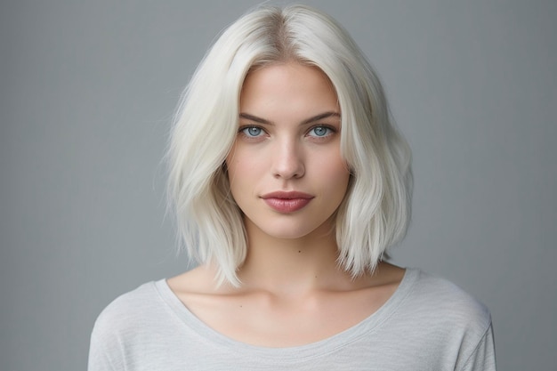 Une femme avec une chemise blanche et des yeux bleus regarde la caméra.