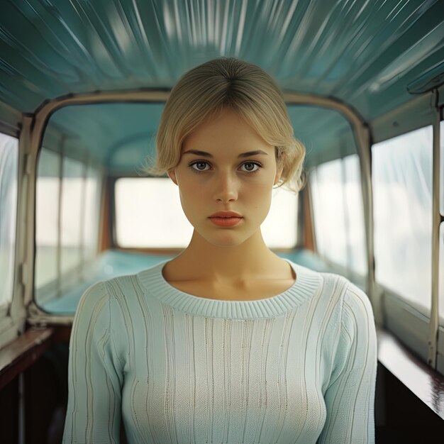 une femme en chemise bleue avec une chemise blanche sur le devant