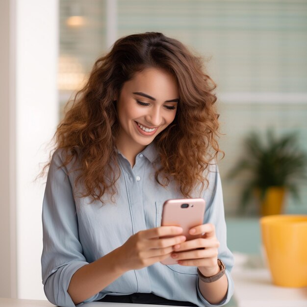 une femme en chemise bleue envoie des SMS sur son téléphone