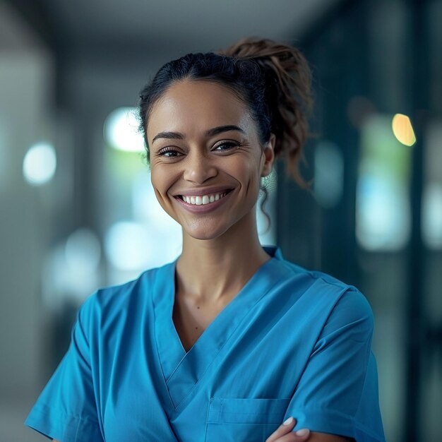 une femme avec une chemise bleue qui dit "elle sourit"