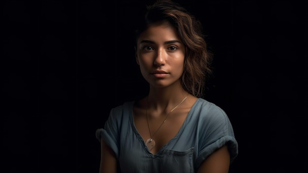 Une femme avec une chemise bleue se tient devant un fond noir.