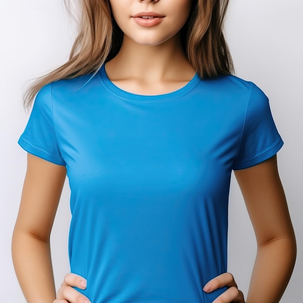 Une femme en chemise bleue se tient sur un fond blanc