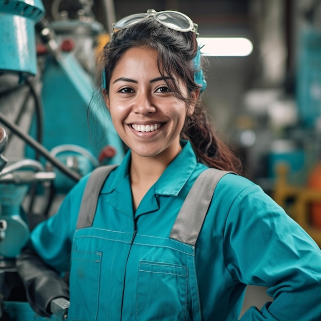 Une femme en chemise bleue sourit devant une machine qui dit « elle sourit ».