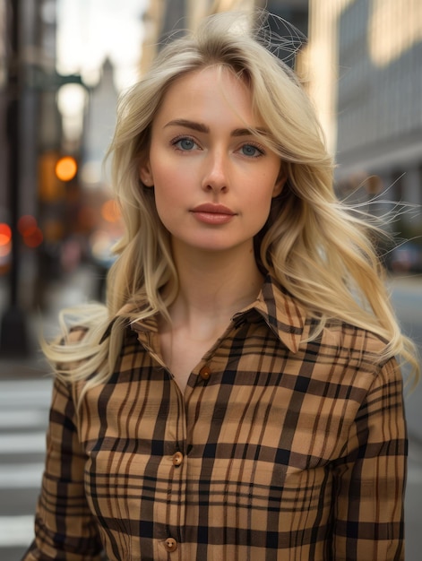 une femme en chemise à carreaux