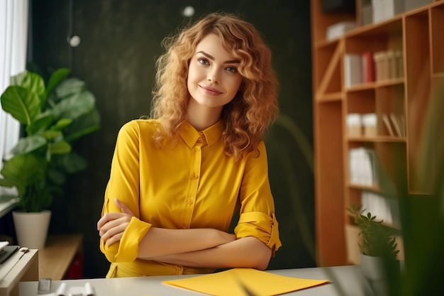 Femme en chemise jaune assise au bureau avec les bras croisés Generative AI