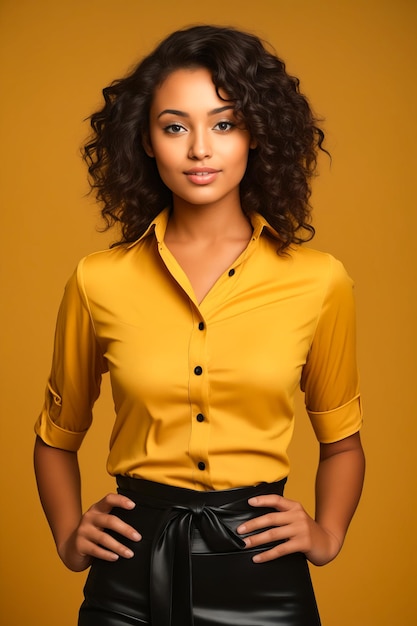 Photo femme avec une chemise jaune et une jupe noire posant pour une photo ia générative