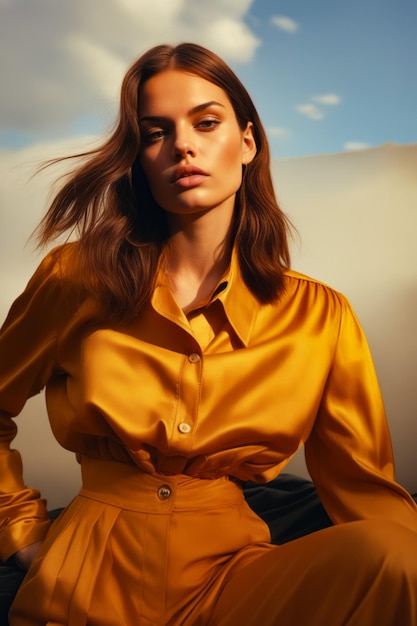 Femme en chemise jaune et jupe posant pour une photo AI générative