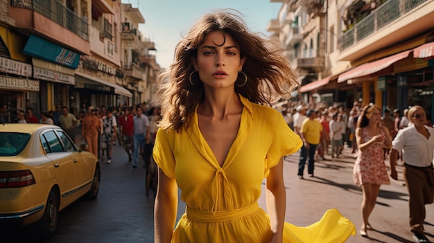 Une femme en chemise jaune.