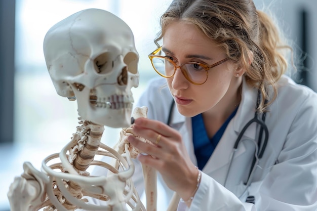 Une femme en chemise de laboratoire blanche examine un squelette.