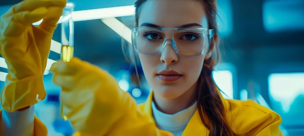 Photo une femme en chemise de laboratoire jaune tenant un tube d'essai