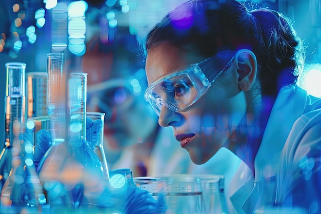 Une femme en chemise de laboratoire et des lunettes de protection travaillant dans un laboratoire