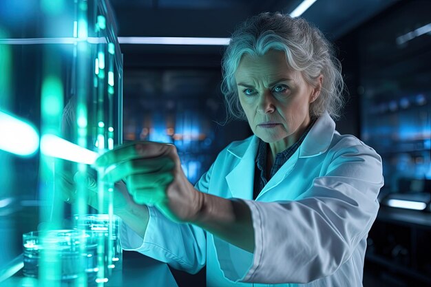 Photo une femme en chemise de laboratoire regarde quelque chose.