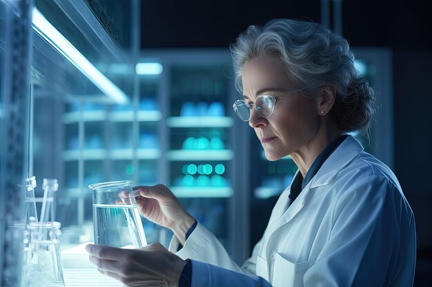 Photo une femme en chemise de laboratoire tenant un verre