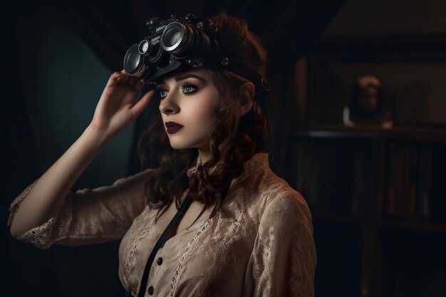 Une femme avec une chemise et des lunettes noires vr sur une photo d'illustration sombre