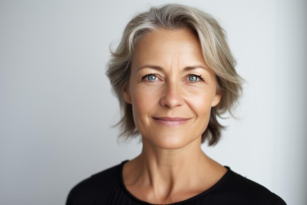 une femme avec une chemise noire et des cheveux gris