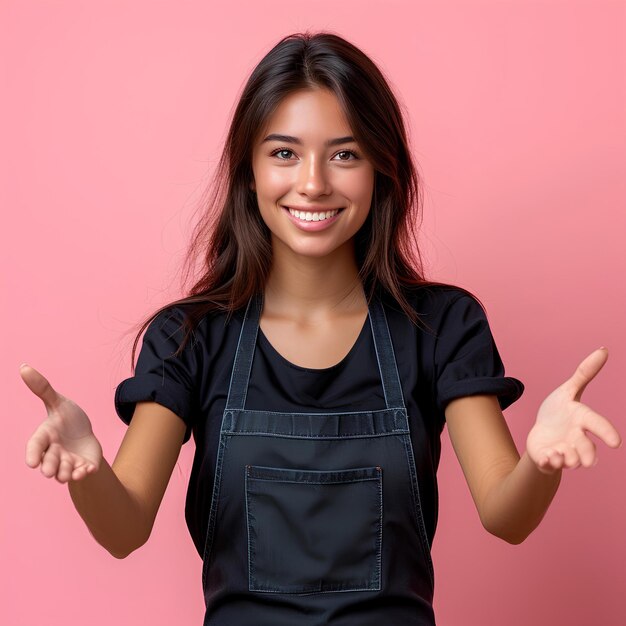 Une femme en chemise noire et en combinaison bleue