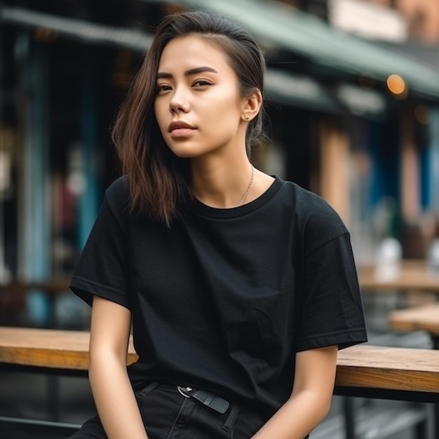 Une femme en chemise noire est assise sur un banc dans un café.