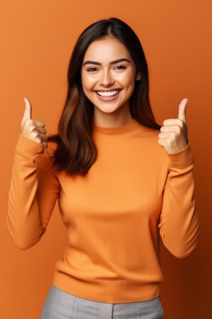 Une femme en chemise orange lève le pouce avec les deux mains. IA générative