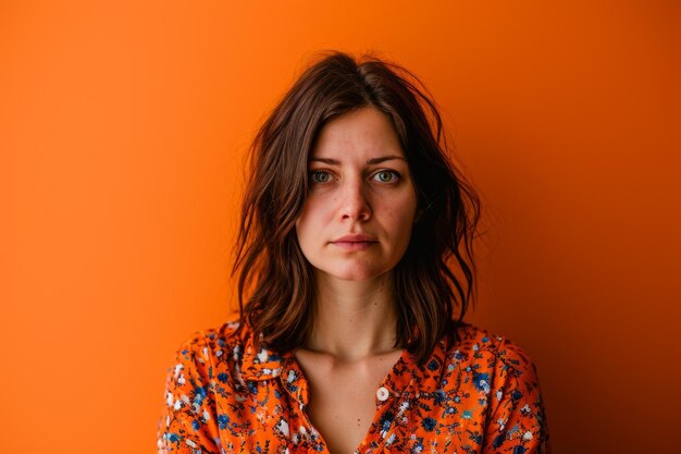 Une femme en chemise orange regarde la caméra.