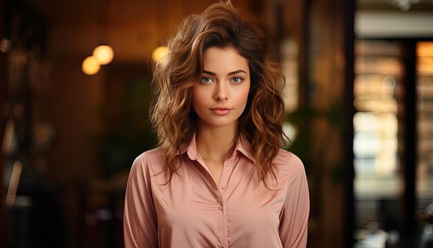 Photo une femme avec une chemise rose et une chemise rosée avec une longue chemise à manches