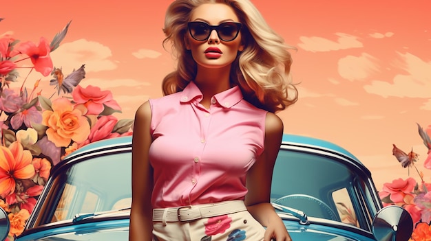 une femme en chemise rose et lunettes de soleil se tient devant une voiture avec un fond rose.