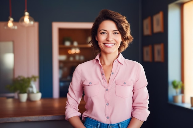 Une femme en chemise rose sourit à la caméra.