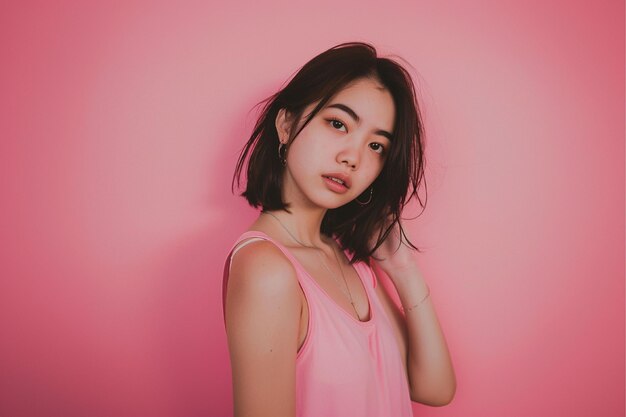 Photo une femme avec une chemise rose et un stylo noir dans le coin