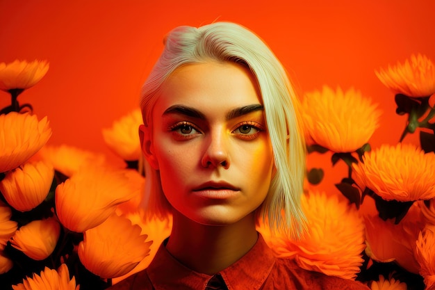 Une femme avec une chemise rouge et une chemise rouge se tient devant un fond jaune avec des fleurs.