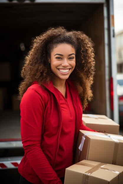 Photo une femme avec une chemise rouge tient gracieusement des boîtes