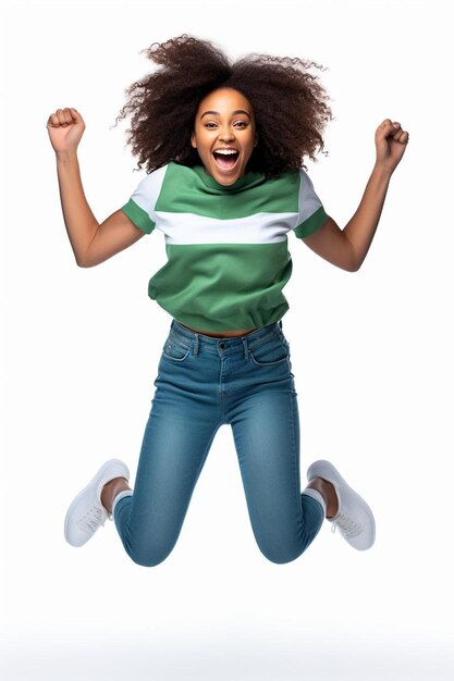 Photo une femme avec une chemise verte et blanche qui dit qu'elle est heureuse