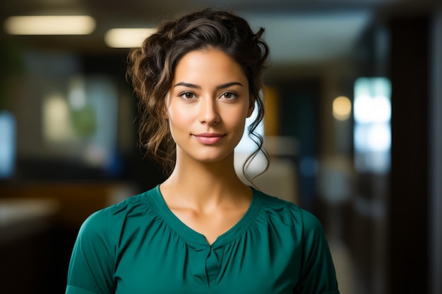 Femme avec une chemise verte et une paire de boucles d'oreilles IA générative