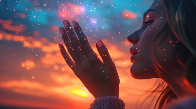 Une femme cherchant des paillettes au coucher du soleil