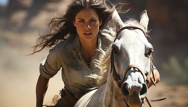 Photo une femme à cheval avec un cheval en arrière-plan