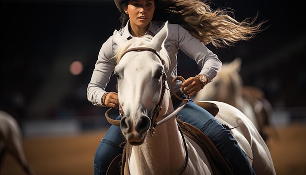 une femme à cheval avec un cheval blanc en arrière-plan