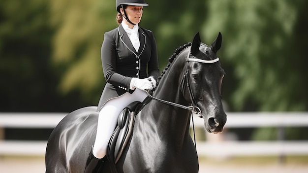 Une femme à cheval avec un cheval noir.