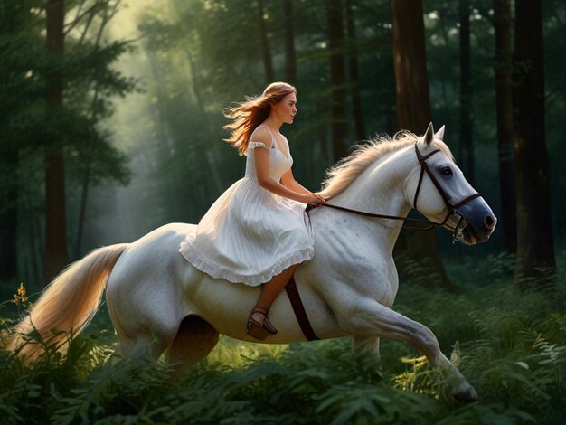 une femme à cheval dans les bois avec le soleil brillant sur son visage