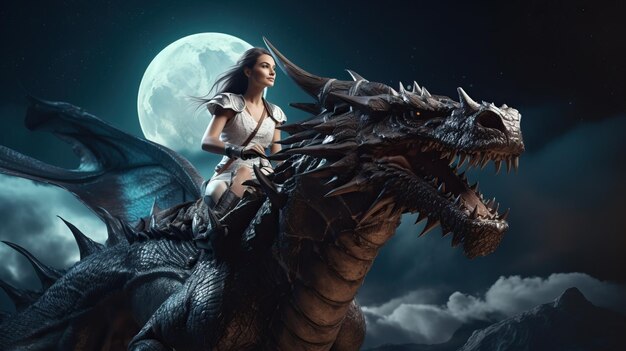 Une femme à cheval sur un dragon.