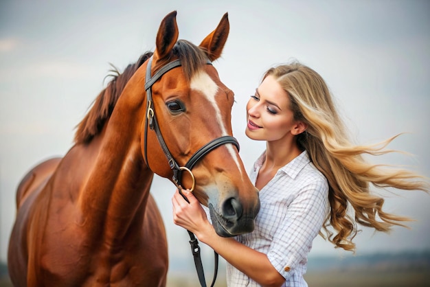 Photo une femme avec un cheval et une femme en chemise blanche