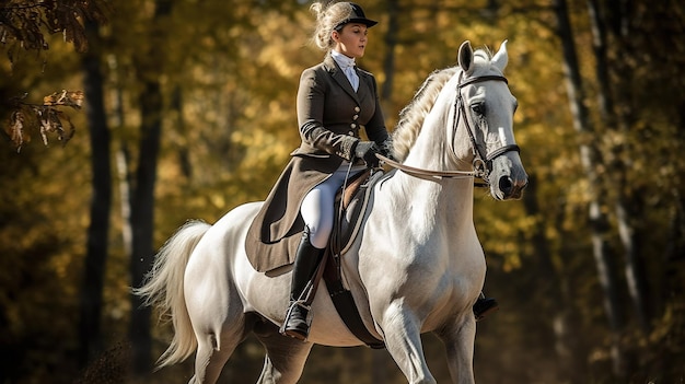 Une femme à cheval avec des feuilles d'automne sur le fond