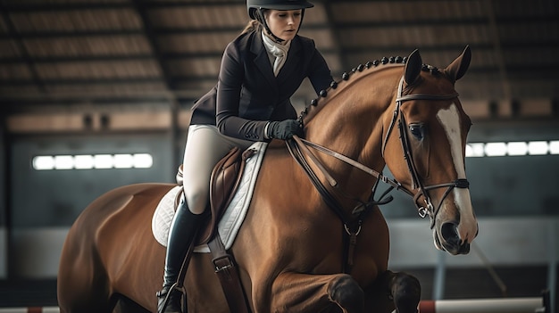 Une femme à cheval et portant un casque monte à cheval.