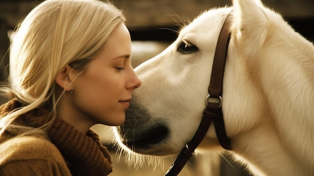 Une femme et un cheval s'embrassent.