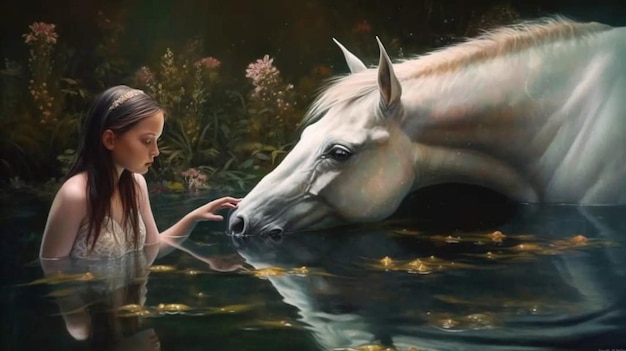 Une femme et un cheval sont debout dans un étang.