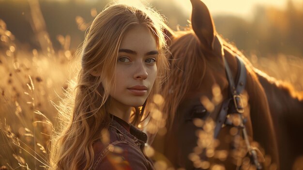 Une femme et un cheval.