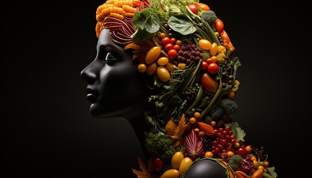 Photo une femme avec un cheveu de légumes et le mot s dessus