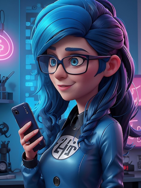 Femme cheveux bleus lunettes encadrées rockstar néon futuriste cheveux longs ondulés fond de téléphone portable