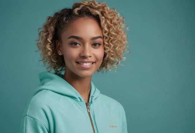 Une femme avec les cheveux bouclés dans un hoodie teal sportif donnant un look décontracté photo de studio avec un bleu