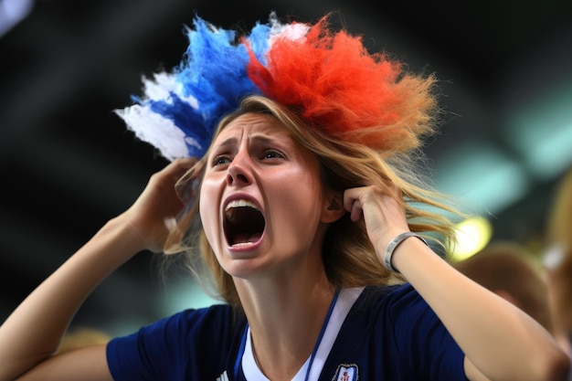 Photo une femme avec des cheveux colorés dans les couleurs du drapeau américain crie de colère ou d'excitation les émotions des fans français submergent l'ia générée