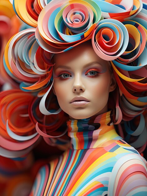 une femme avec des cheveux colorés sur la tête