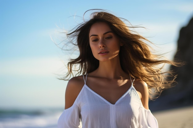 Femme avec des cheveux dans le vent